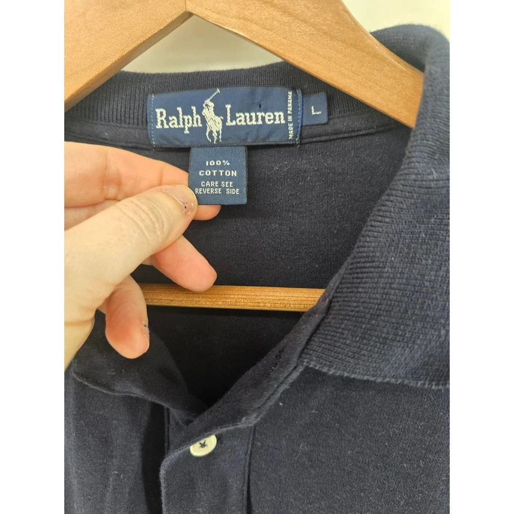 Ralph Lauren Polo Shirt Mens L Navy Blue Long Slv Equestrian Flap Pocket Cotton